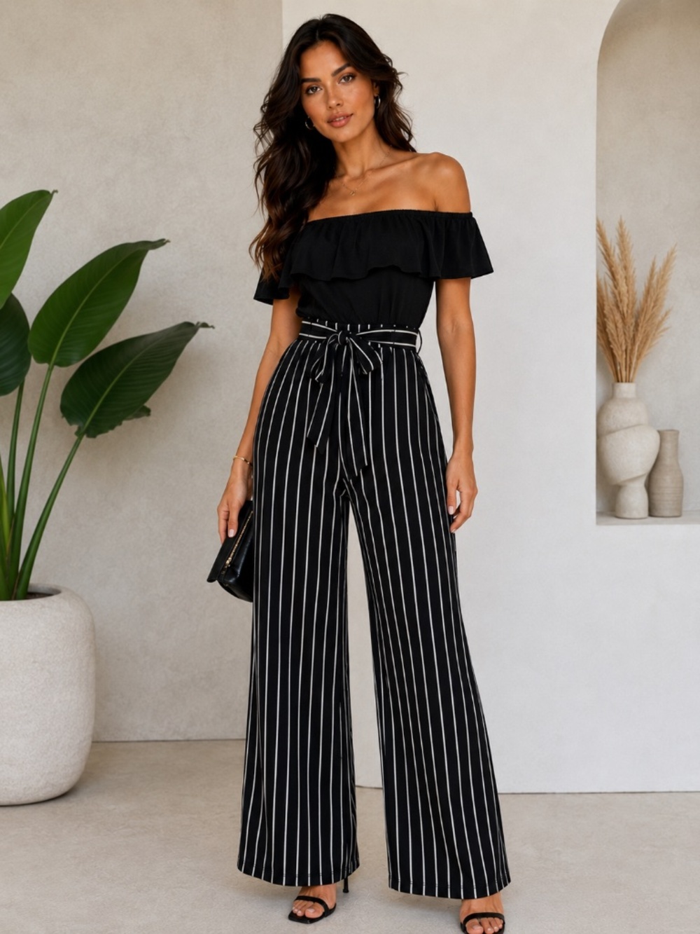 Bebe Black & White Stripe Jumpsuit | Off/On Shoulder Ruffle | Wide Leg Size 4
